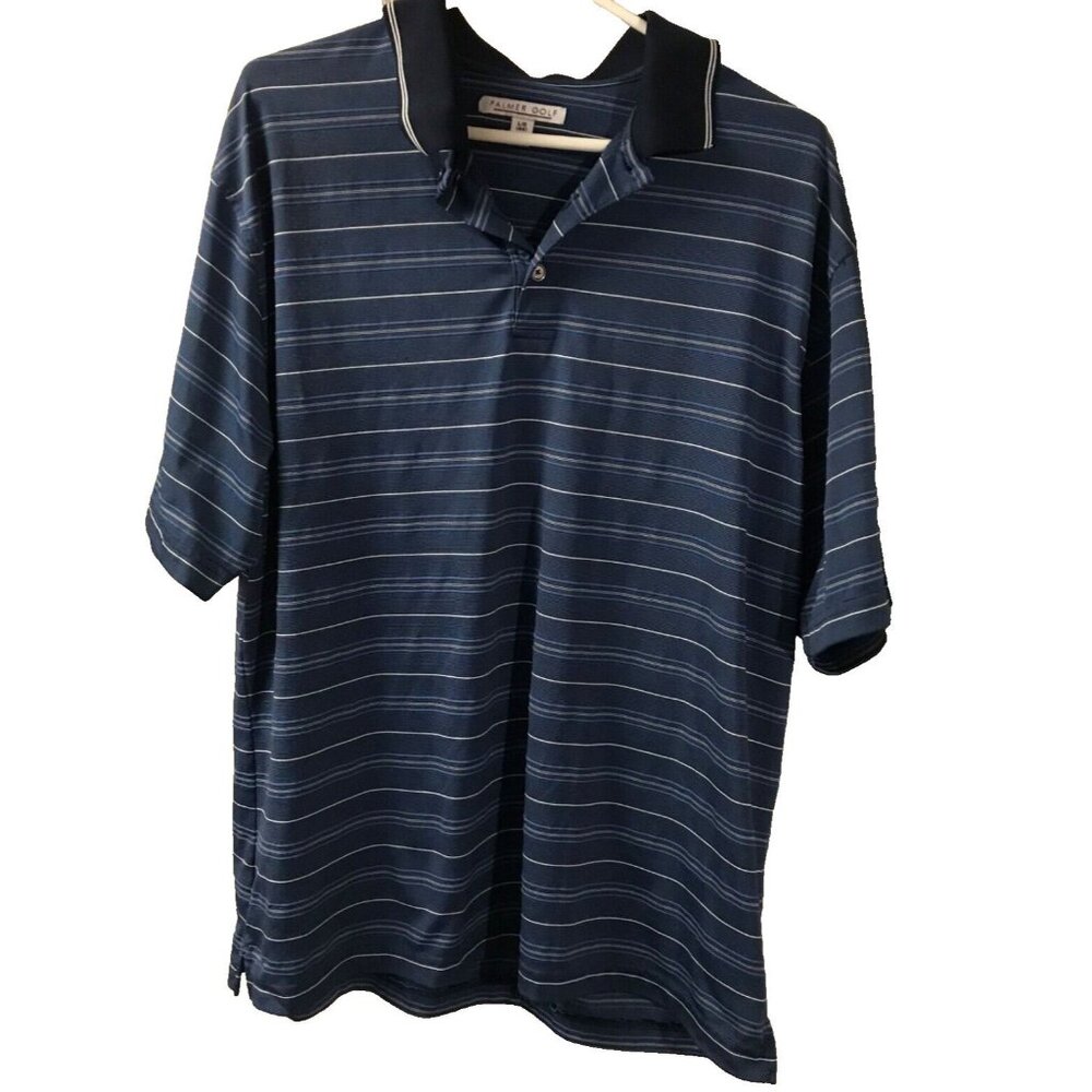 Palmer Golf Polo Shirt Mens Size Large (44) Navy Blue Stripes Collar Polyester